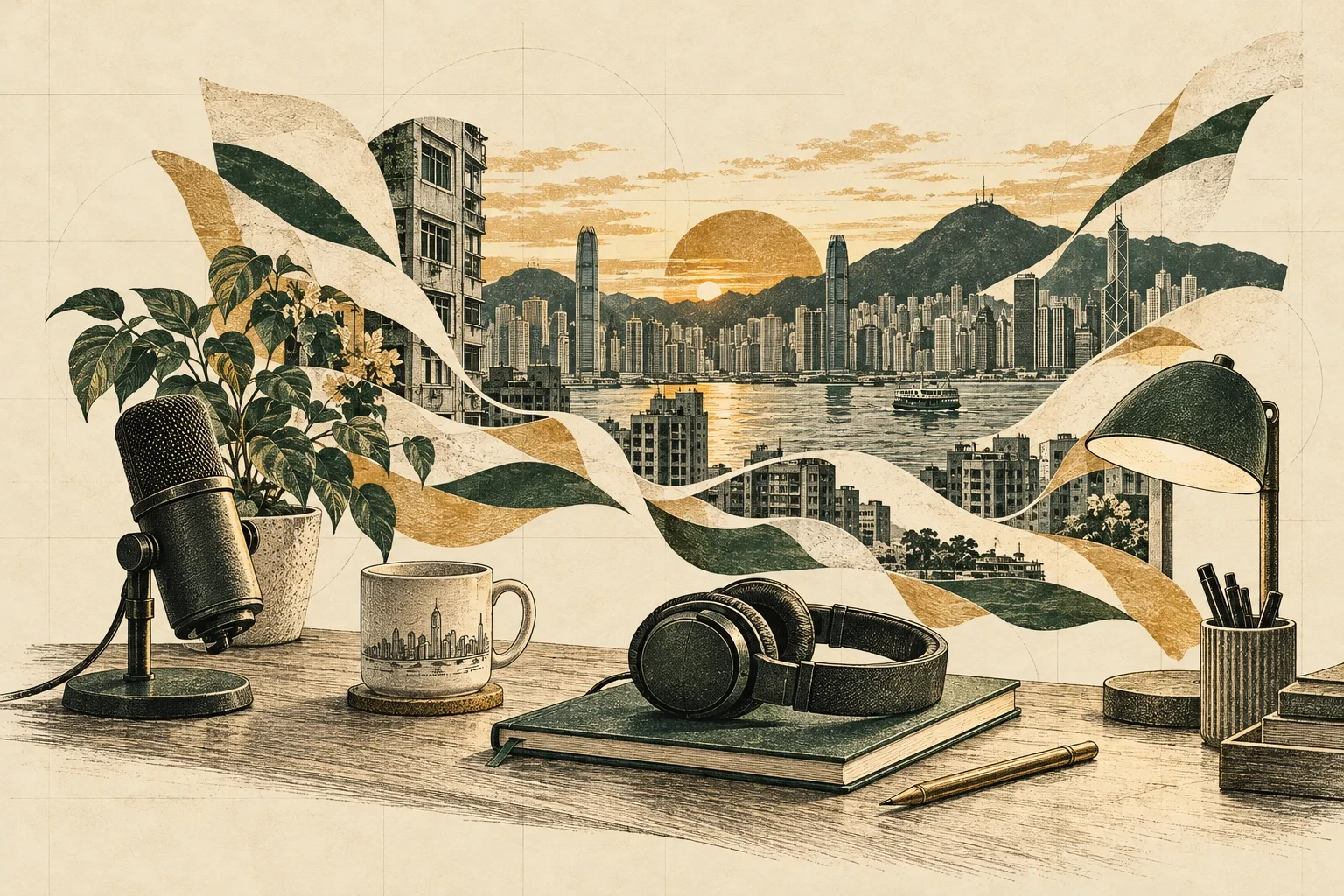 香港窗景前的配音工作桌